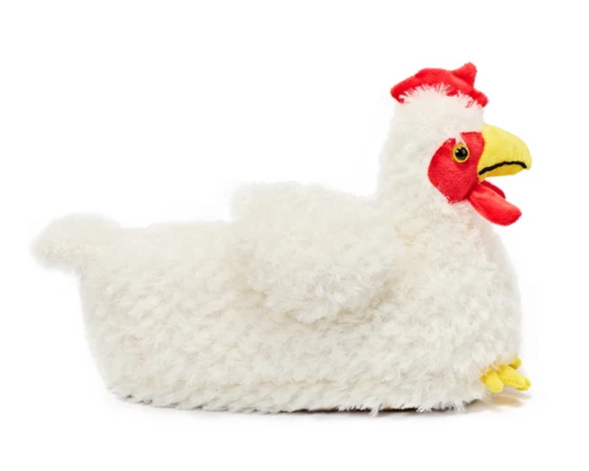 Plush chicken slipper seen from the side