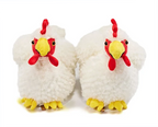 Pair of plush chicken slippers seen from the front