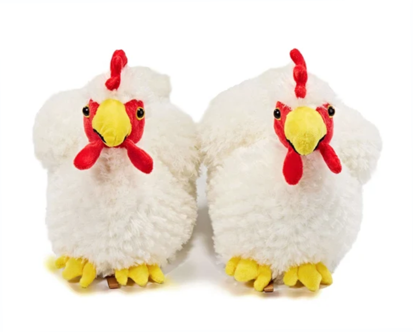 Pair of plush chicken slippers seen from the front