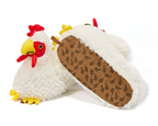 Pair of plush chicken slippers with one slipper turned upside-down to see faux suede sole with non-slip grips