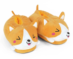 Pair of corgi-themed slippers on a white background