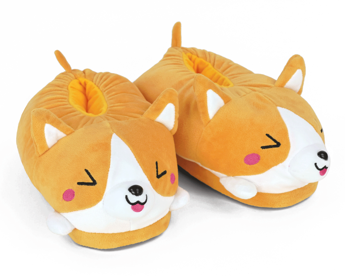 Pair of corgi-themed slippers on a white background