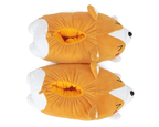 Pair of orange and white corgi-shaped slippers on a white background