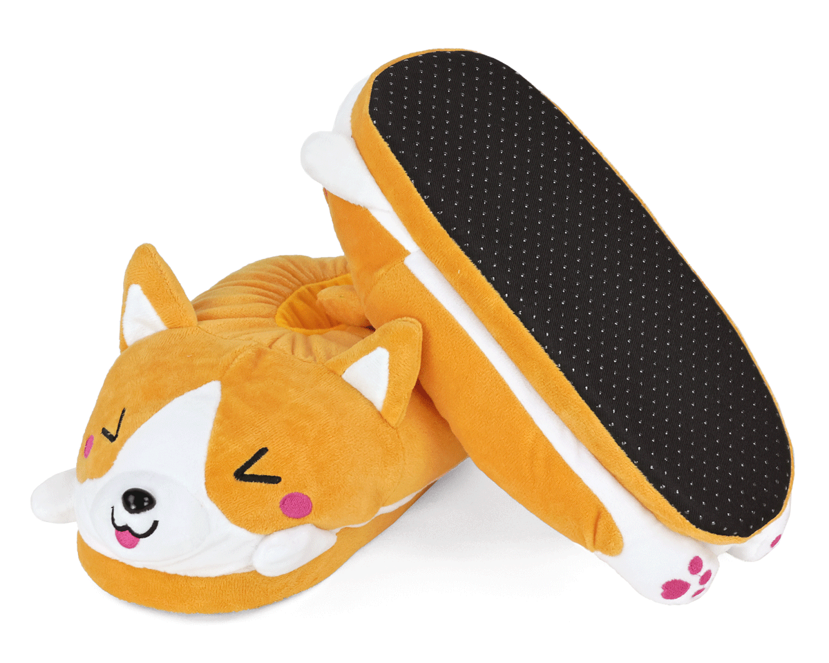 Cute corgi-shaped slippers with a focus on the sole on a white background