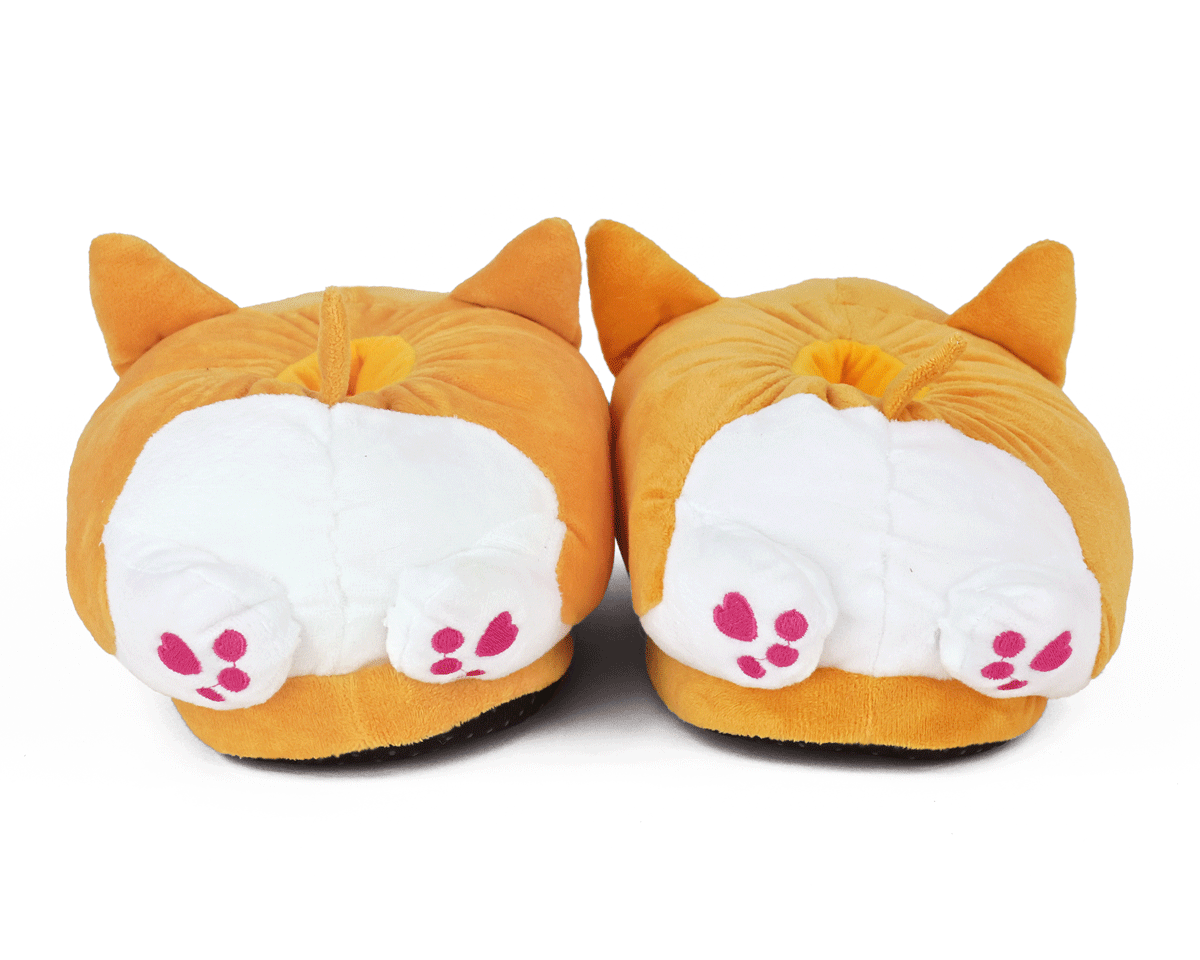 Pair of corgi-shaped slippers seen from the back, showing pink paw pads and white butts