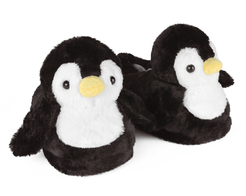 Pair of penguin-shaped slippers on a white background