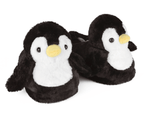 Pair of penguin-shaped slippers on a white background