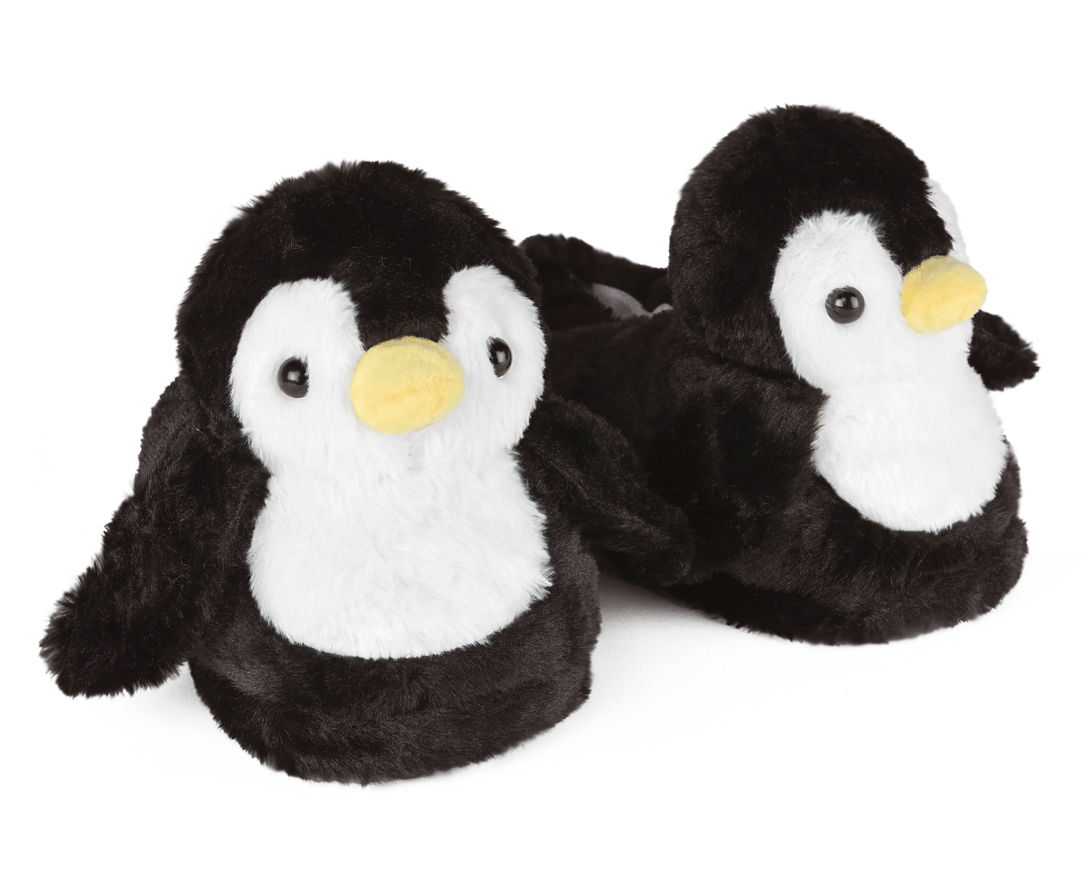 Pair of penguin-shaped slippers on a white background