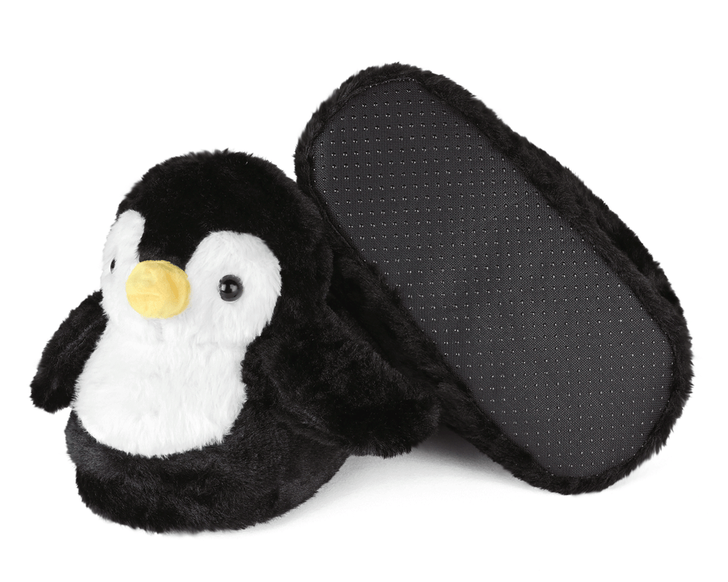 Pair of plush penguin slippers, one slipper is turned upside down to show non-slip grips