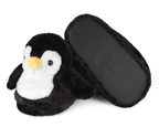 Pair of plush penguin slippers, one slipper is turned upside down to show non-slip grips