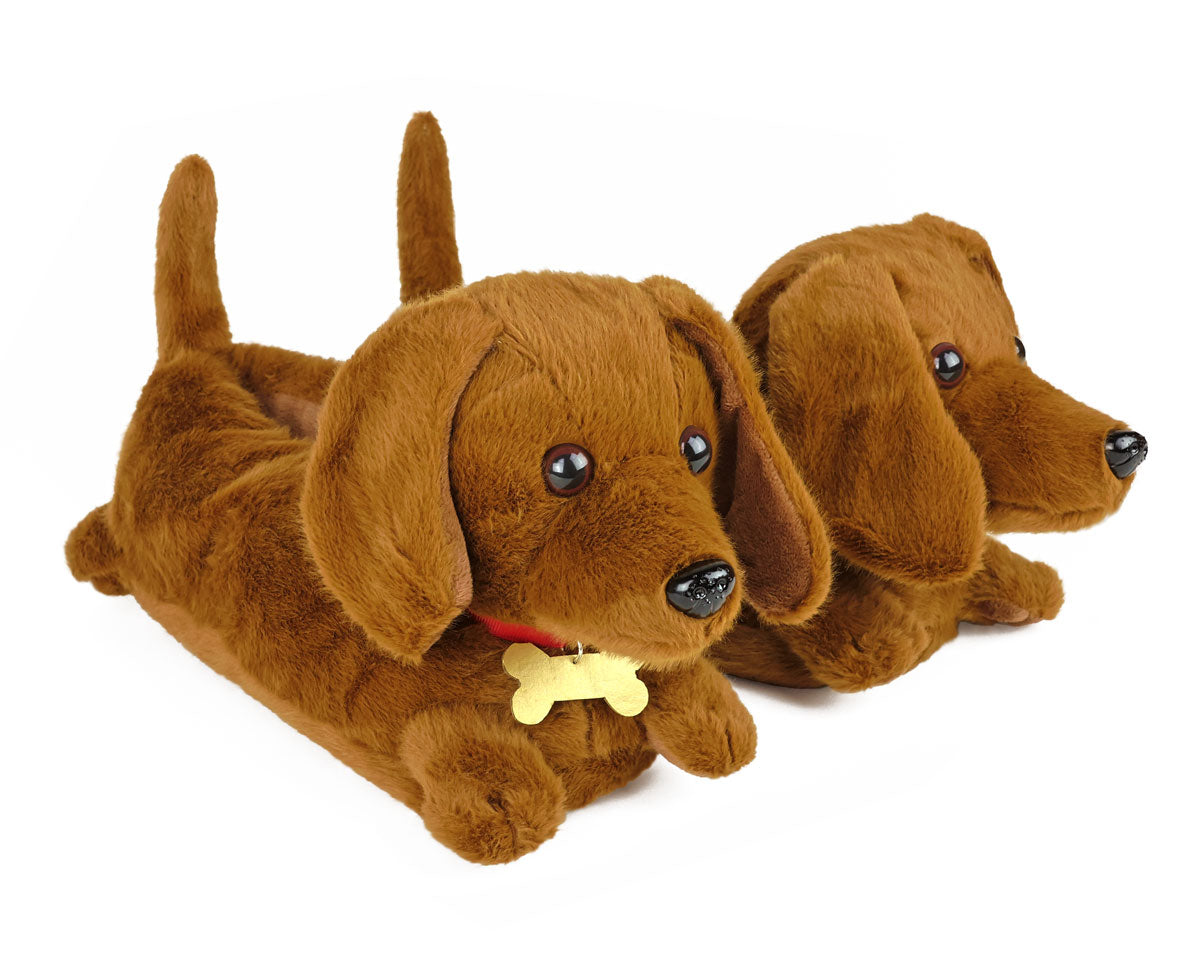 Two brown plush dachshund dog slippers with bone-shaped collars on a white background