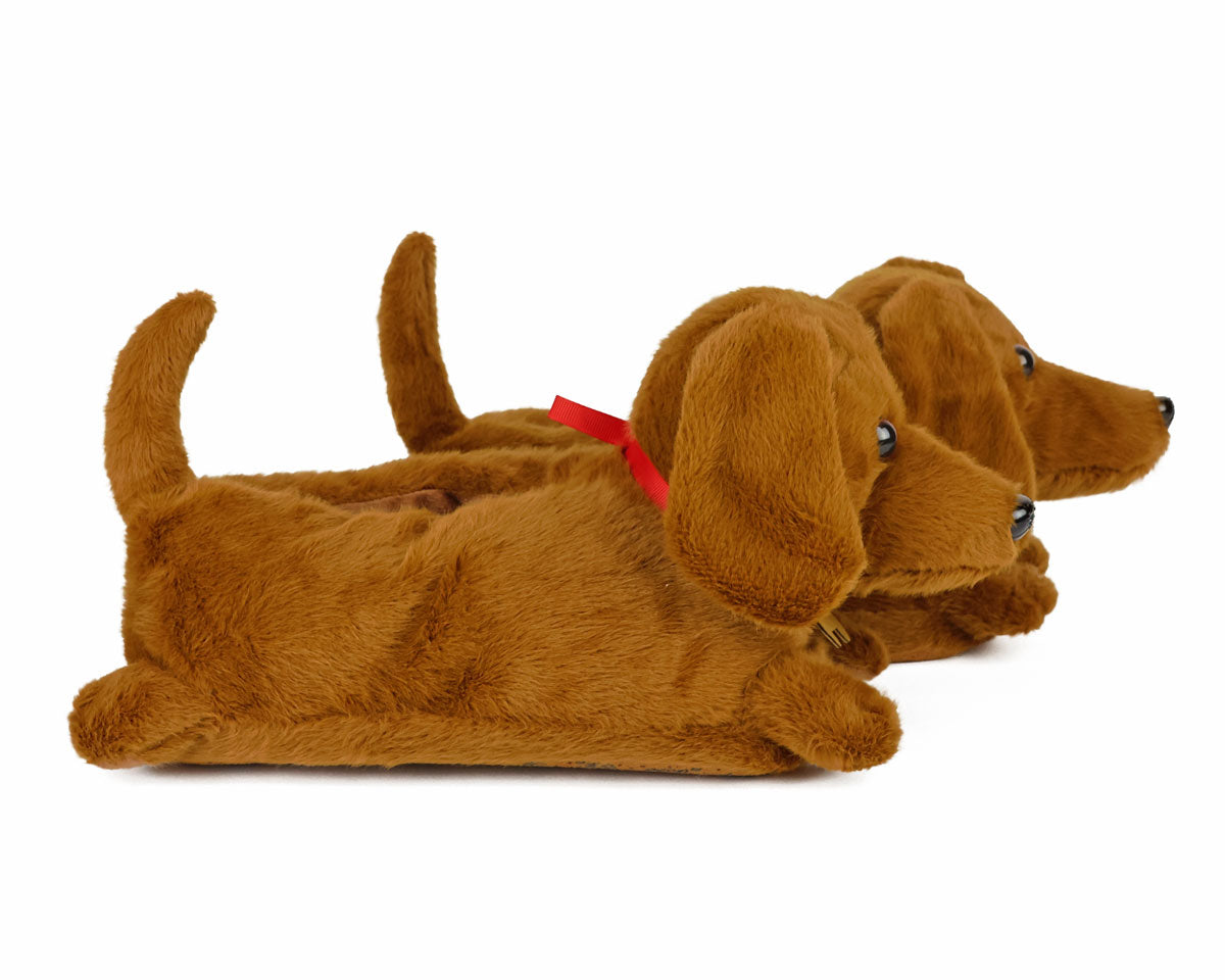Brown dog-shaped slippers on a white background, seen from the side