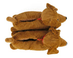 Two brown plush slippers seen from the top with a white background