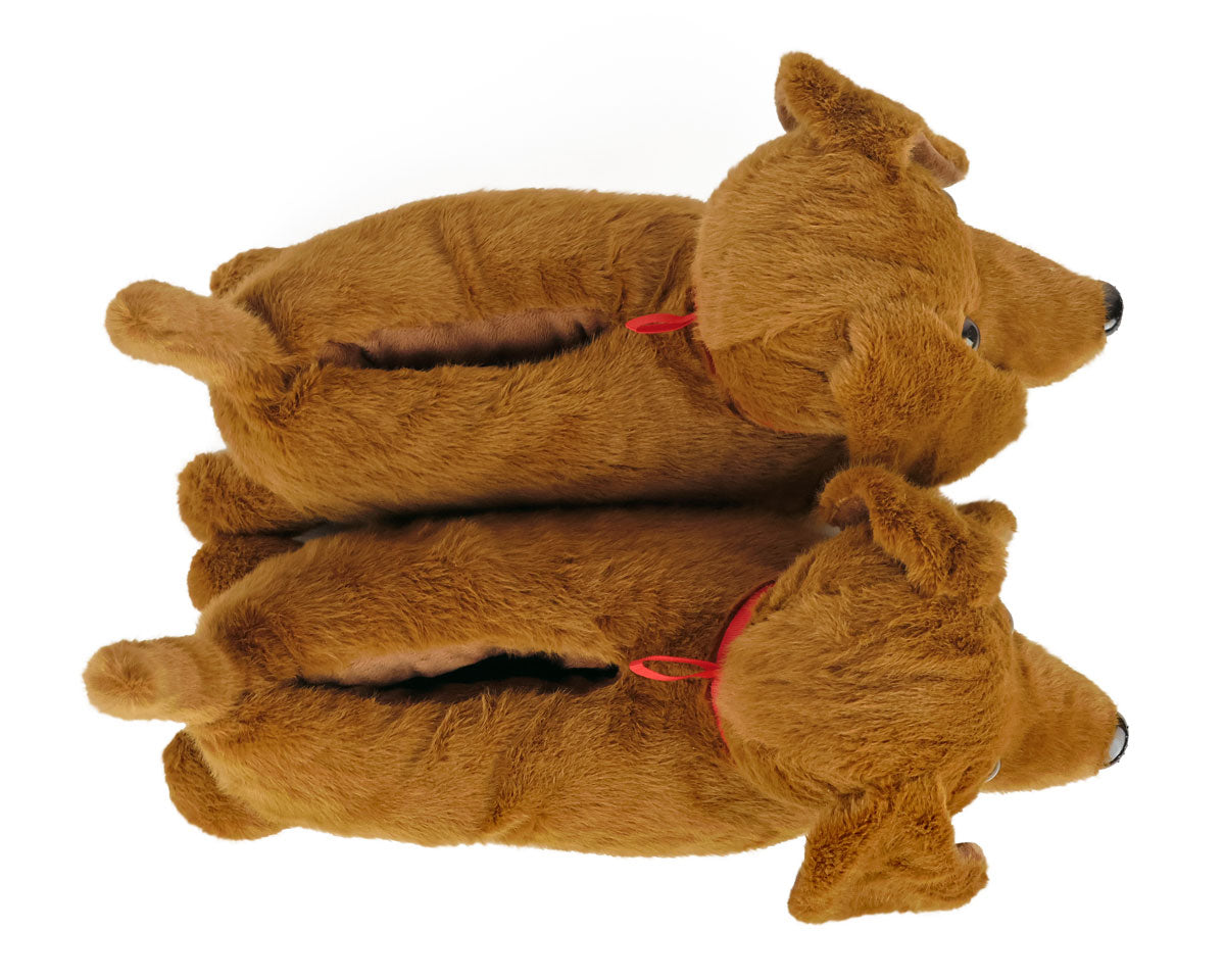 Two brown plush slippers seen from the top with a white background