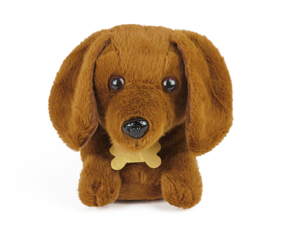 close-up of brown plush dachshund slipper, detail with face and collar