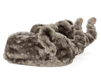 Gray fuzzy elephant slippers on a white background, seen from the side