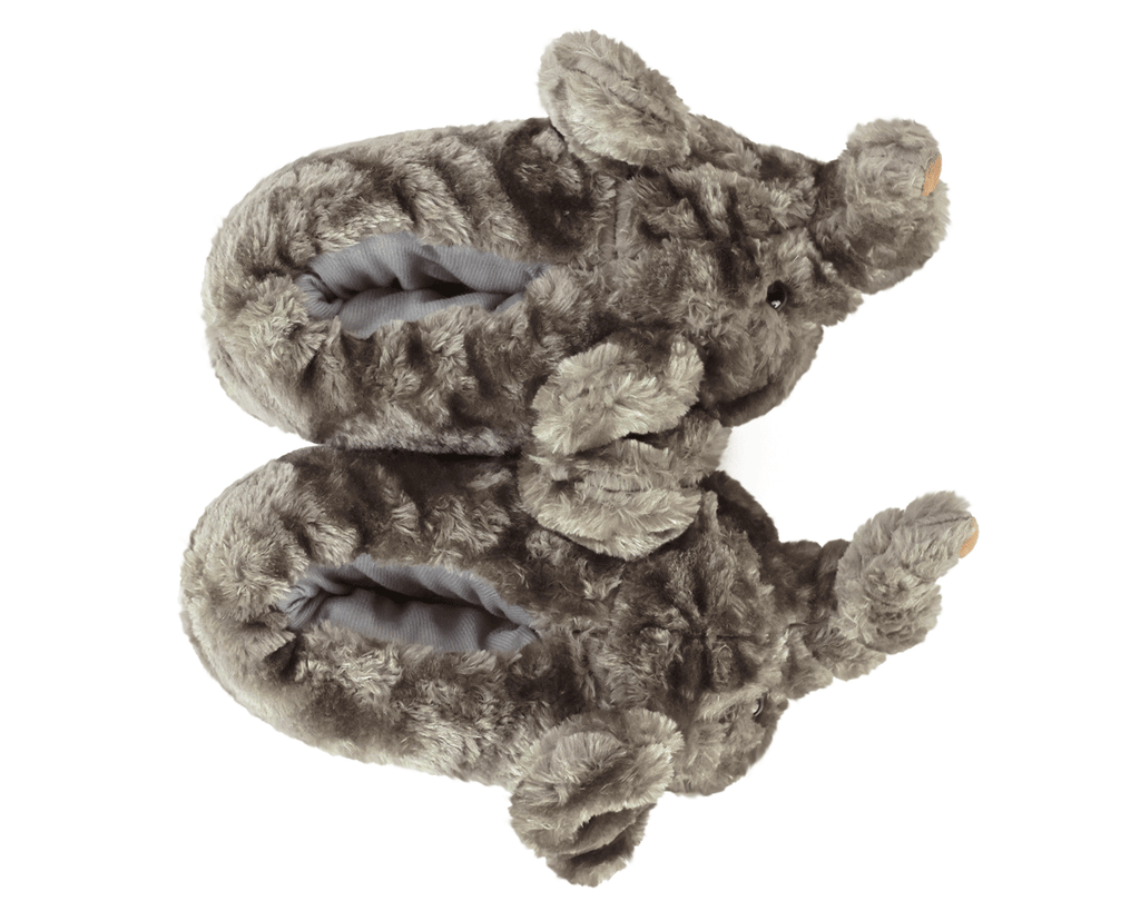 Pair of gray fuzzy elephant slippers on a white background, seen from above
