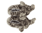 Pair of gray fuzzy elephant slippers on a white background, seen from above