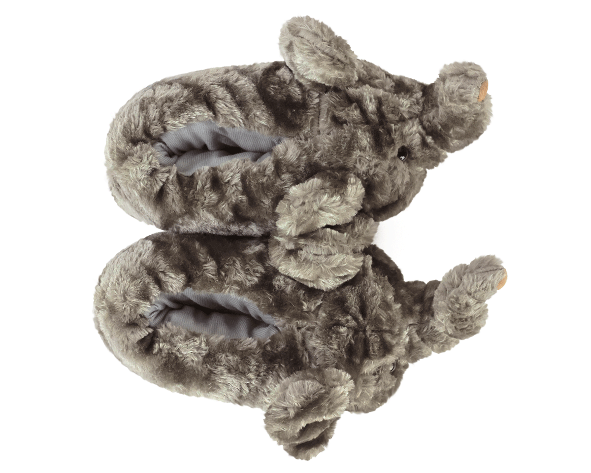Pair of gray fuzzy elephant slippers on a white background, seen from above