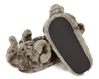 Pair of gray elephant slippers with one slipper turned upside down to show fabric sole with non-slip grips