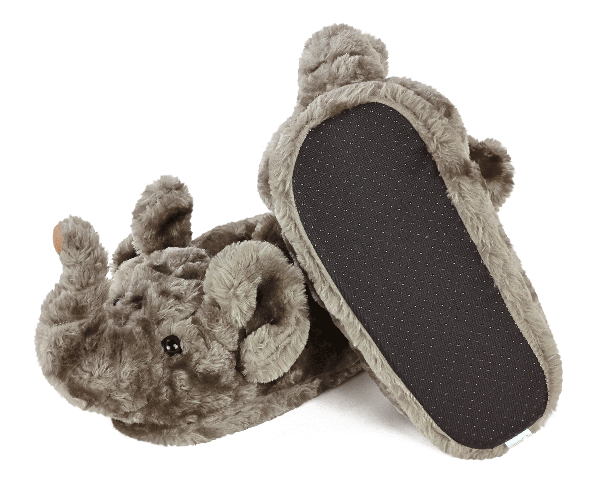 Pair of gray elephant slippers with one slipper turned upside down to show fabric sole with non-slip grips