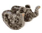 Pair of plush elephant slippers on a white background