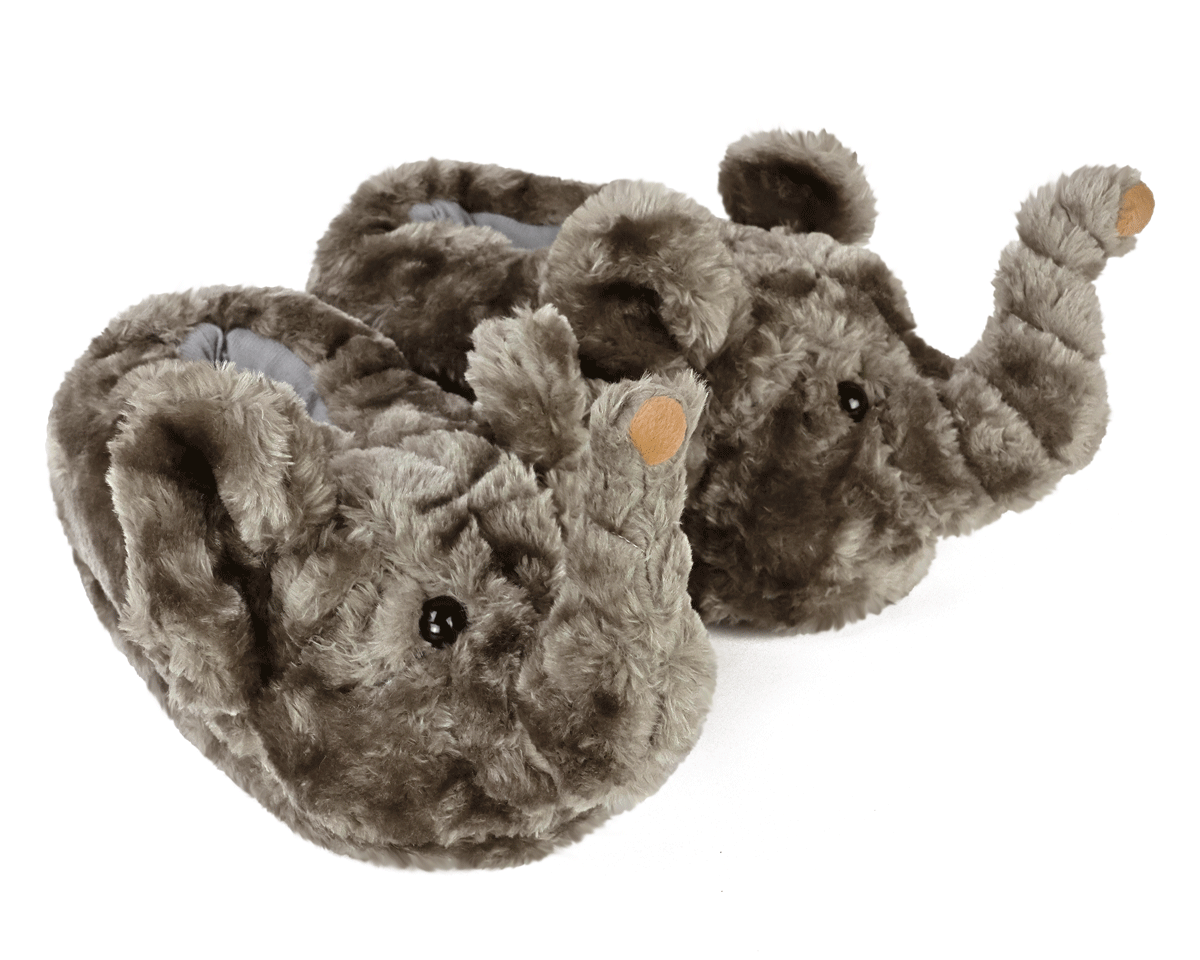 Pair of plush elephant slippers on a white background
