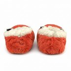 Back view of pair of fox slippers, showing the faux shearling lining, on a white background