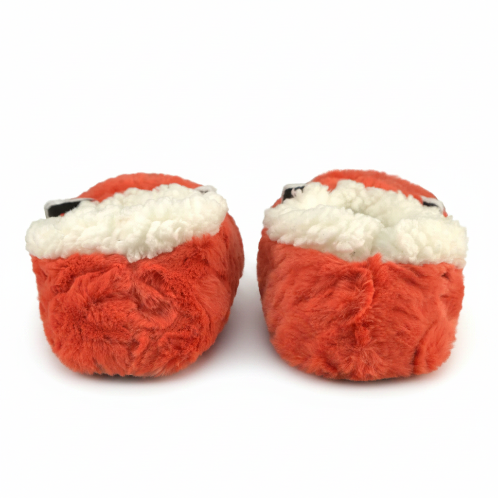 Back view of pair of fox slippers, showing the faux shearling lining, on a white background