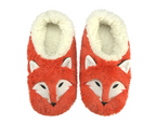 Pair of orange fox slippers with white ears and a faux shearling cream colored lining on a white background