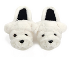 A pair of plush white dog-face slippers with black nose, eyes, and inner lining, photographed on a clean white background.