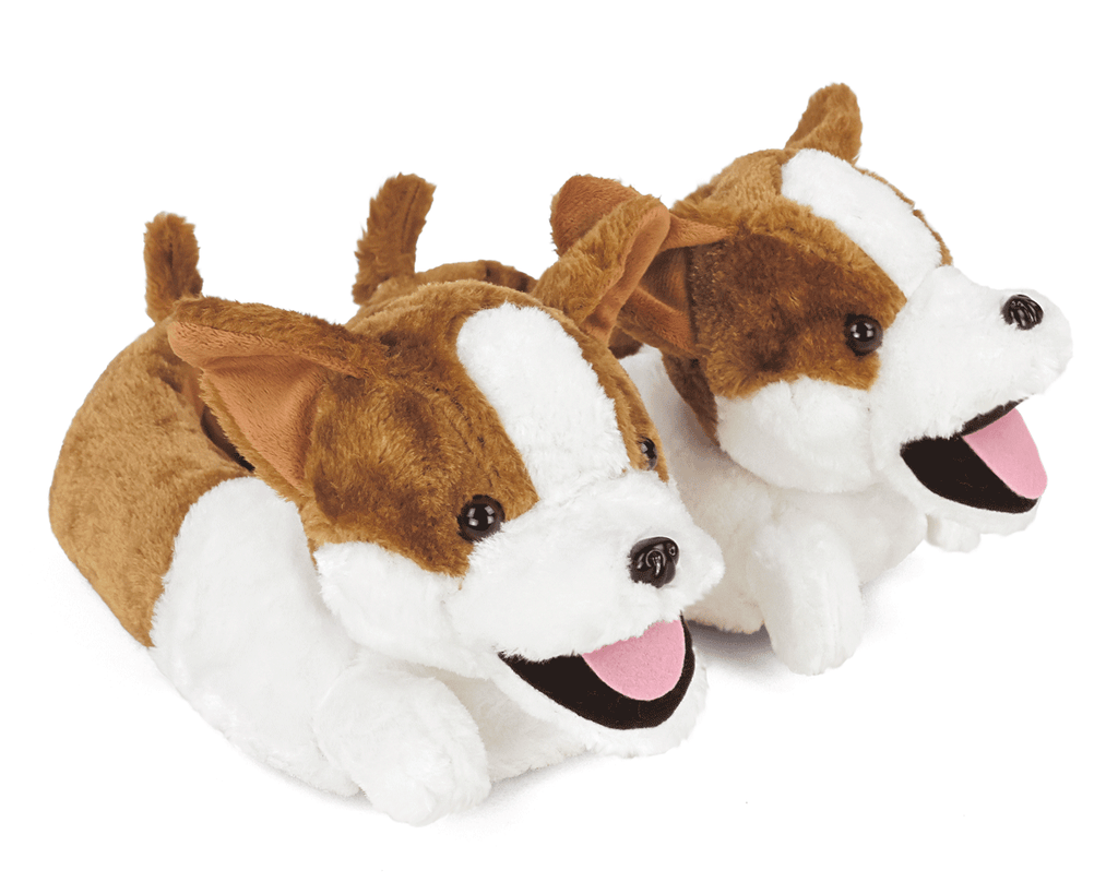 Pair of plush dog slippers with brown, white, and black color scheme on a white background.