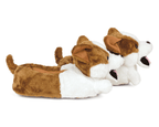 Pair of brown and white dog-shaped slippers on a white background