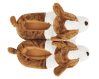 Pair of brown and white dog-shaped slippers on a white background
