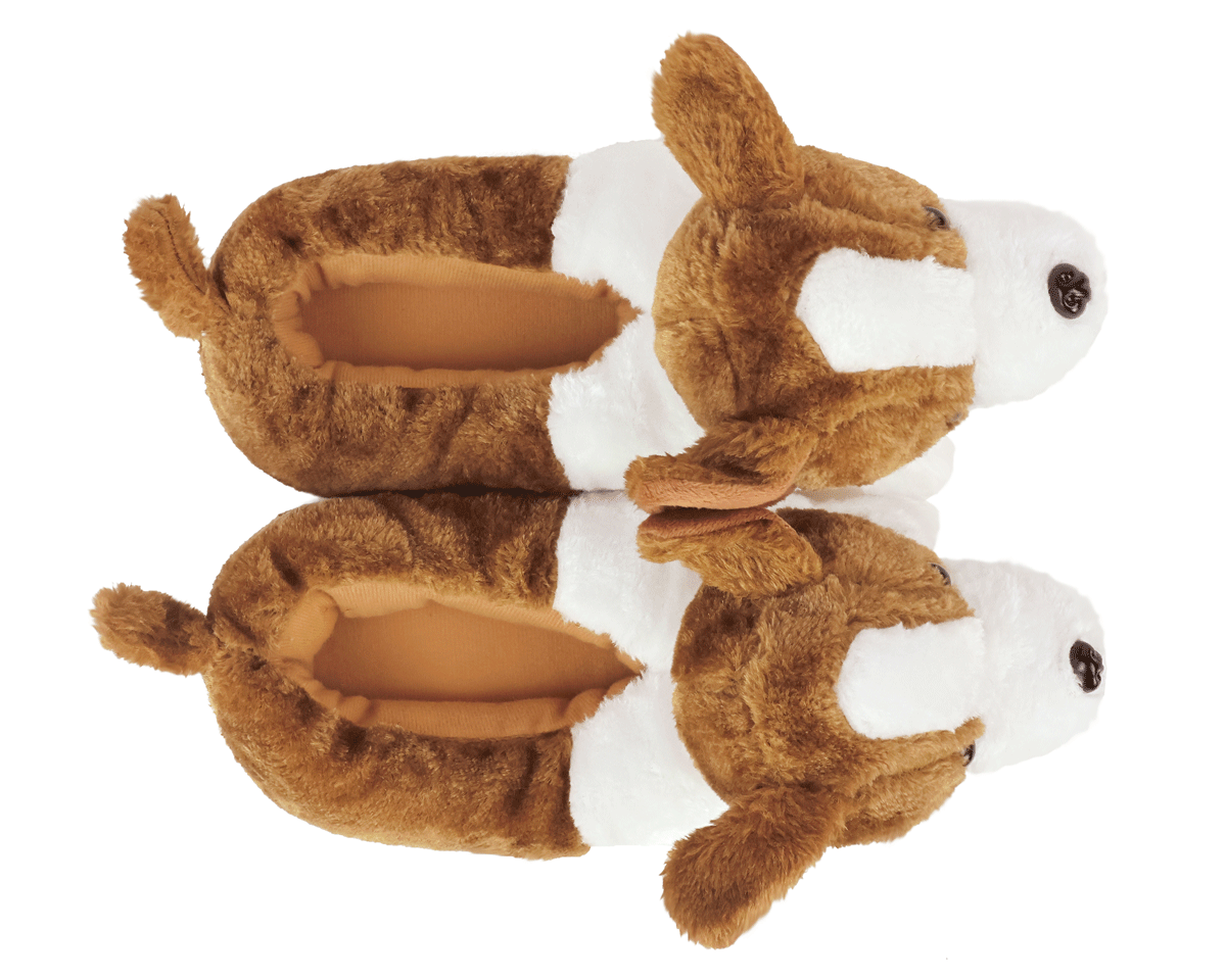 Pair of brown and white dog-shaped slippers on a white background
