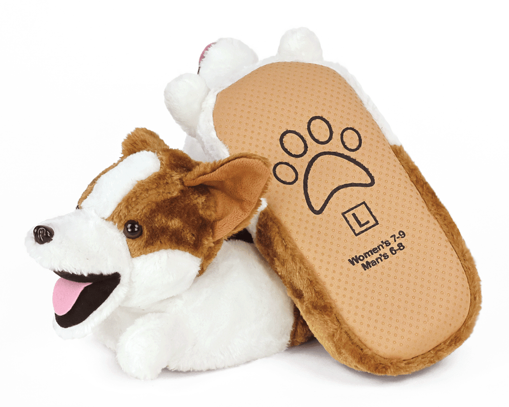 Pair of plush corgi slippers with one slipper turned upside-down to show non-slip grips on sole