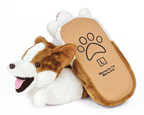 Pair of plush corgi slippers with one slipper turned upside-down to show non-slip grips on sole