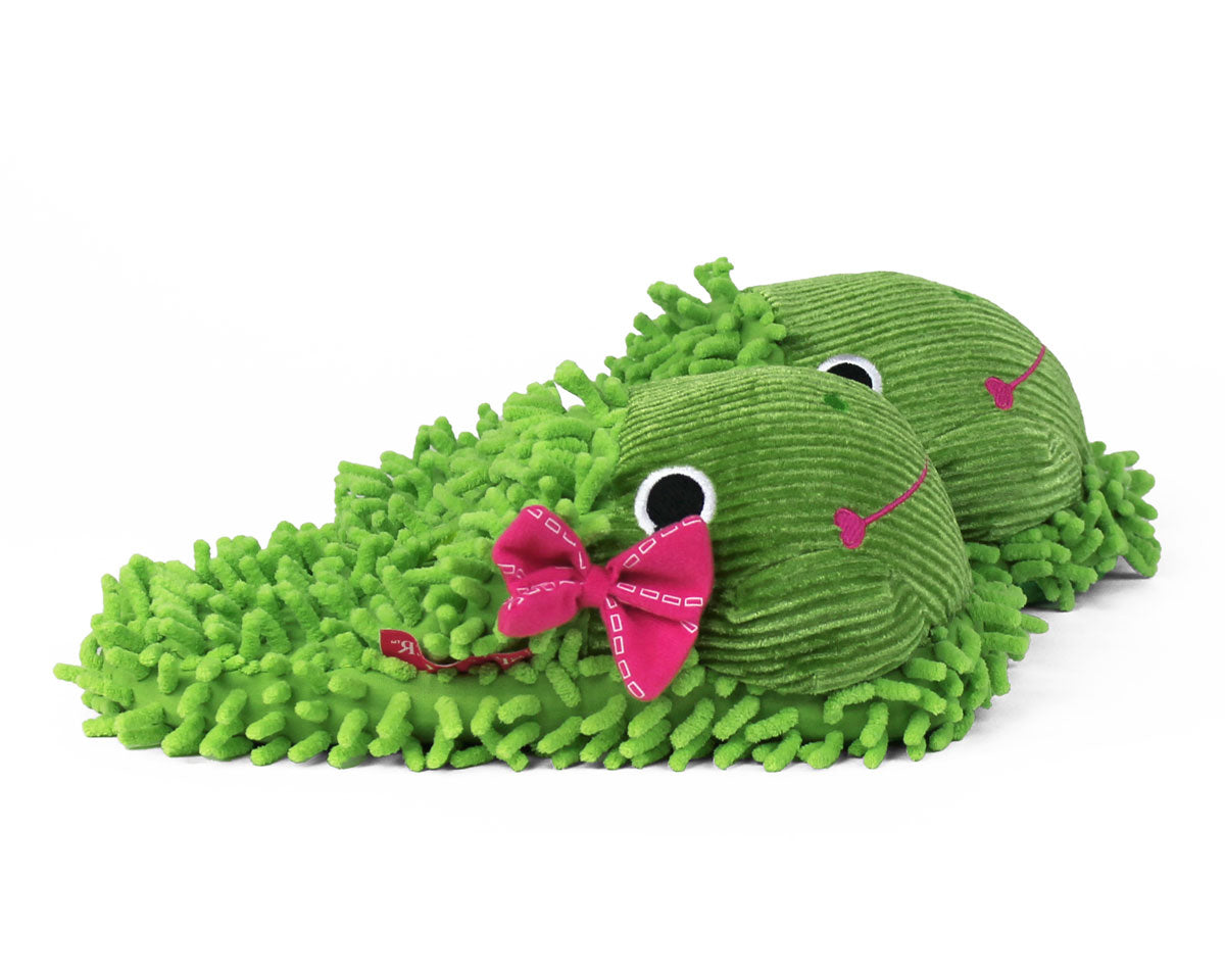 Fuzzy Frog Slippers side view, showing pink bow on side of face