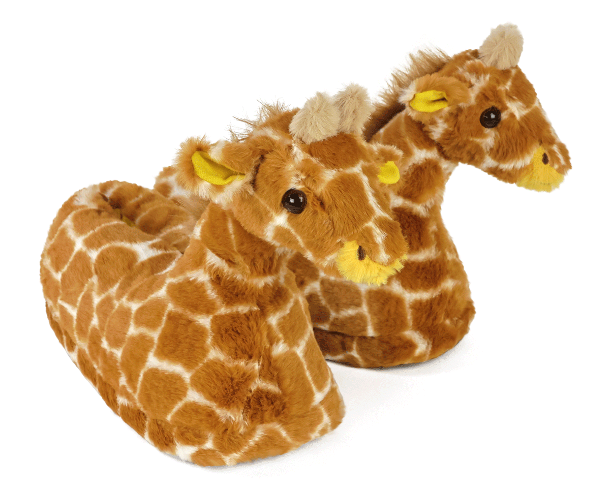 Pair of giraffe-shaped slippers on a white background