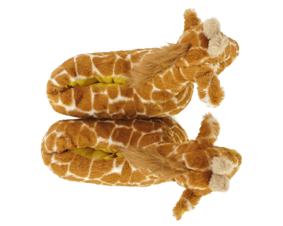 Pair plush giraffe slippers on a white background, seen from above