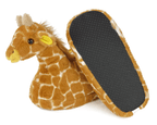 Pair of plush giraffe slippers with one turned upside down to show its black fabric sole with non-slip grips.