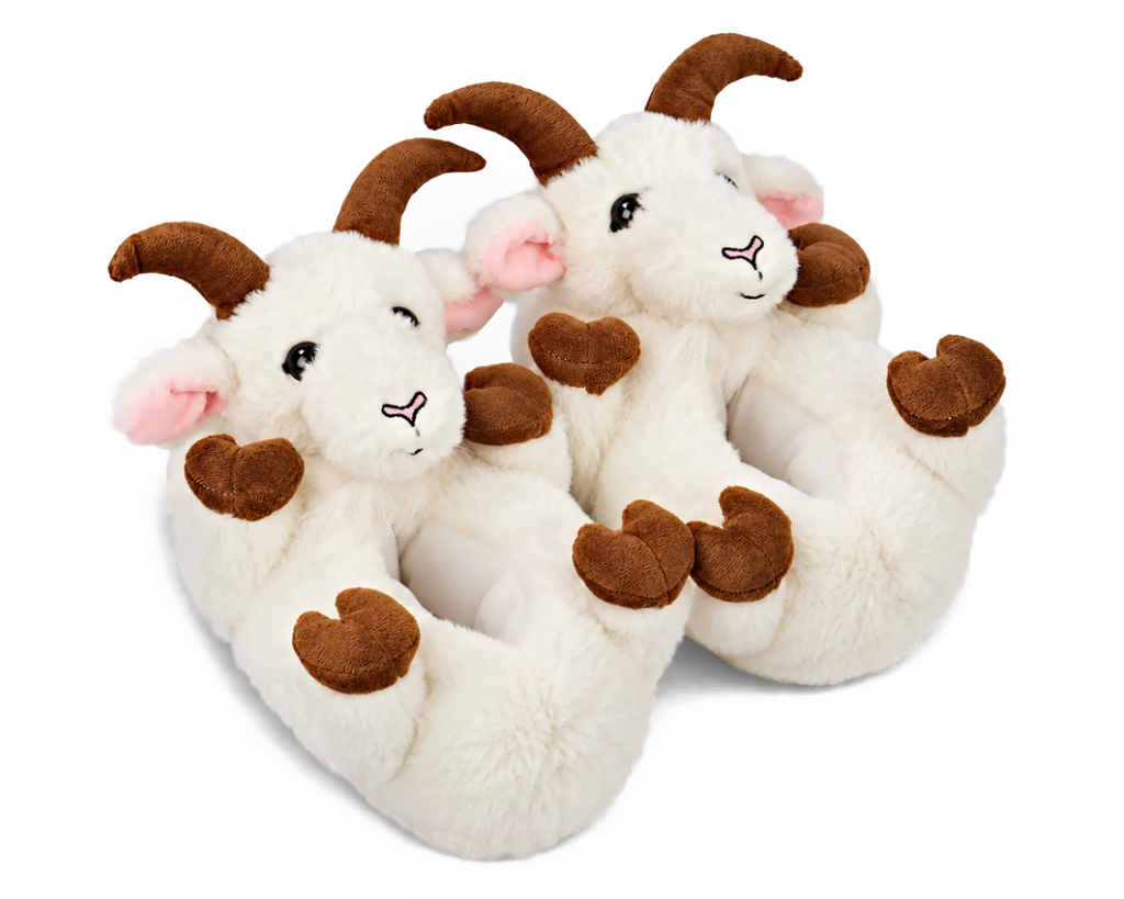 Pair of plush slippers shaped like goats, with white faux fur, horns, cloven hooves, ears with pink lining, black plastic eyes and embroidered noses and mouths.