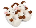 Pair of plush slippers shaped like goats, with white faux fur, horns, cloven hooves, ears with pink lining, black plastic eyes and embroidered noses and mouths.