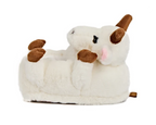 Plush goat slipper seen from the side