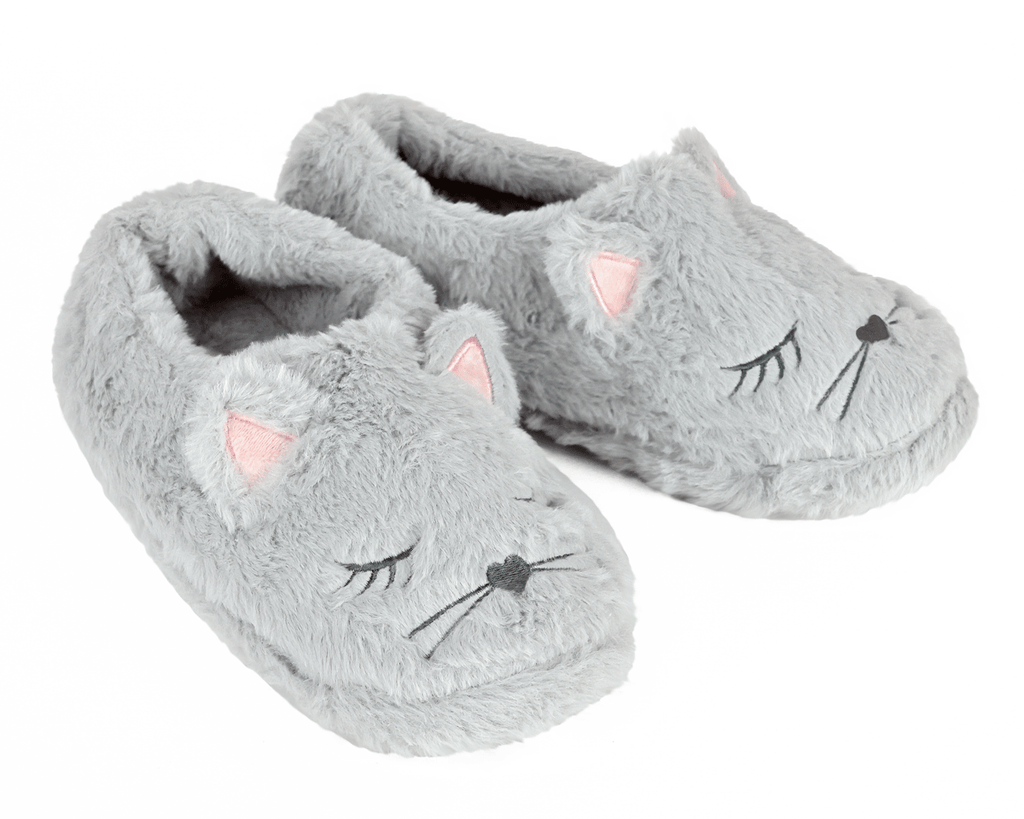 Gray cat-shaped slippers with pink accents on a white background