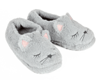 Gray cat-shaped slippers with pink accents on a white background