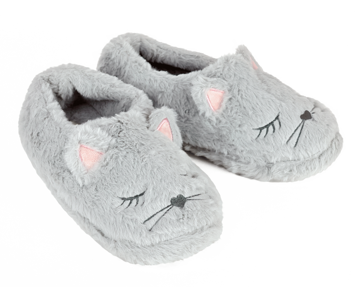 Gray cat-shaped slippers with pink accents on a white background