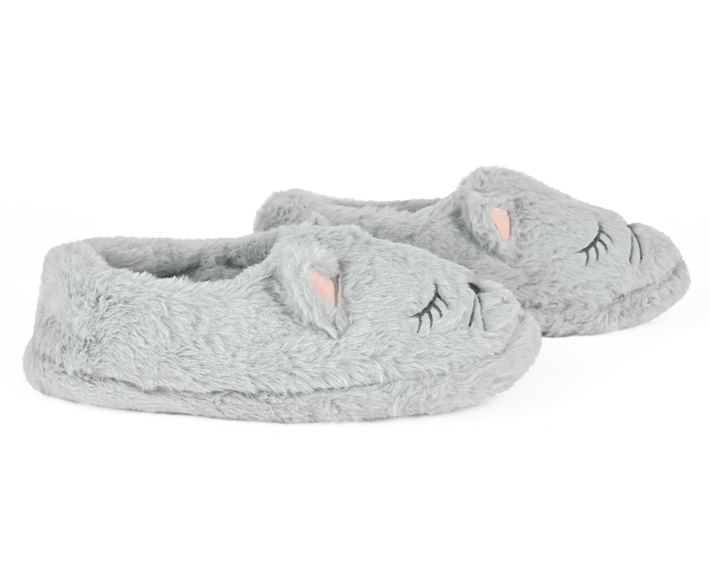 Gray slippers with cat ears and eyes on a white background