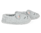 Gray slippers with cat ears and eyes on a white background