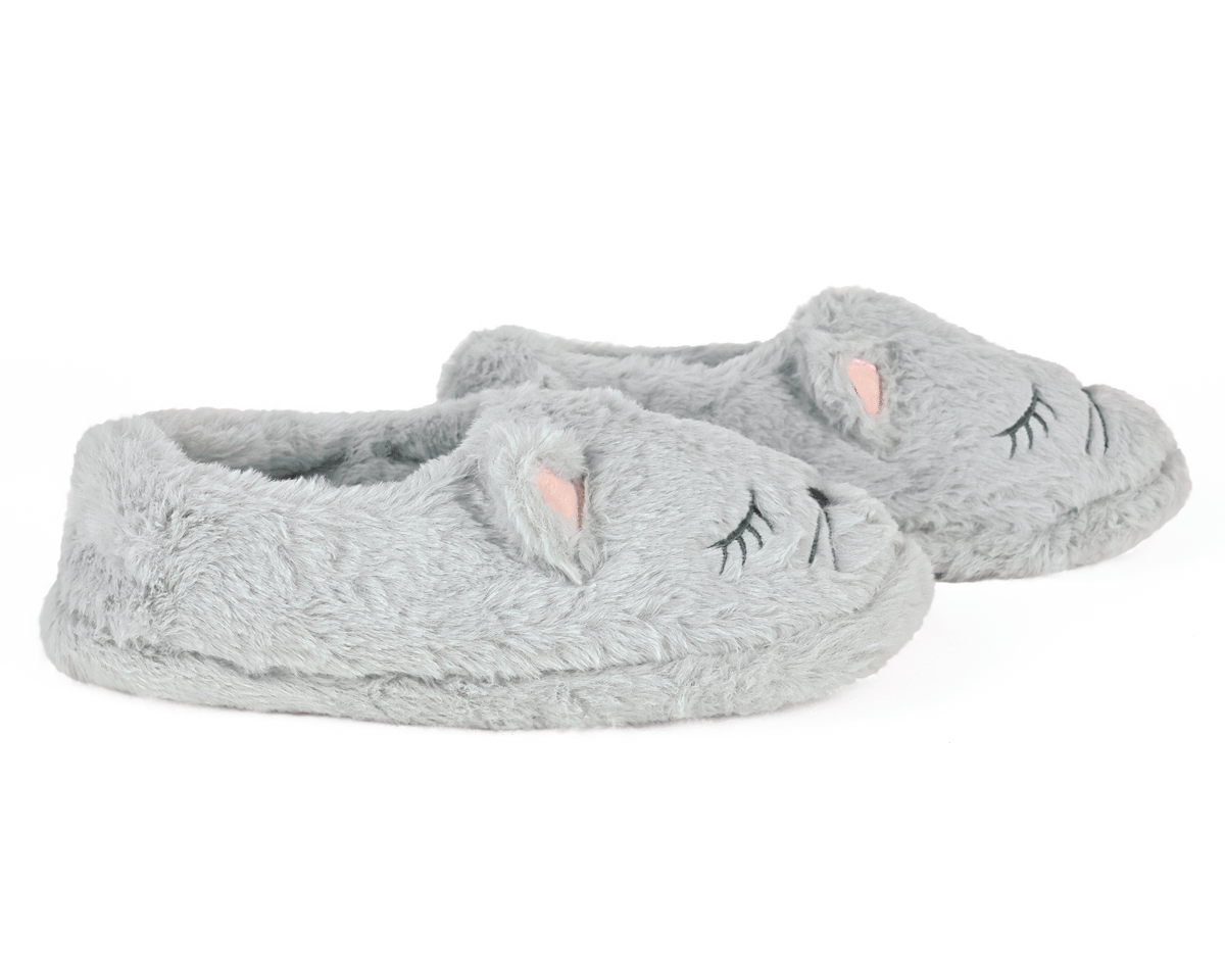 Gray slippers with cat ears and eyes on a white background